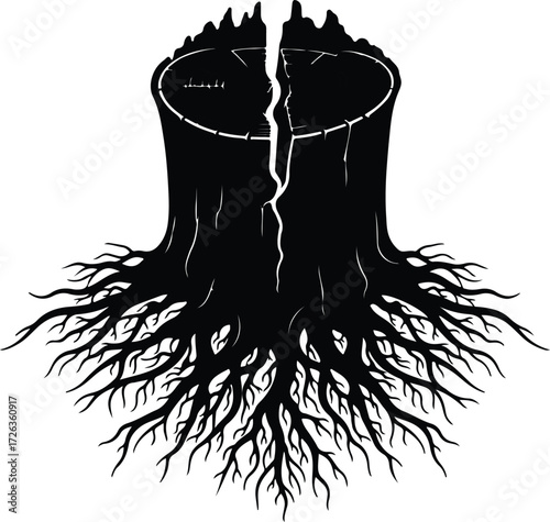 Vector Tree stump with roots black silhouette Illustrator