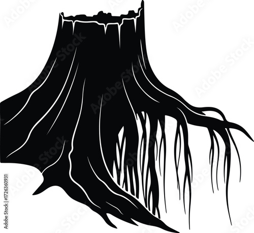 Vector Tree stump with roots black silhouette Illustrator