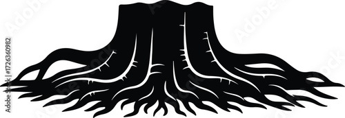 Vector Tree stump with roots detailed black silhouette Illustrator