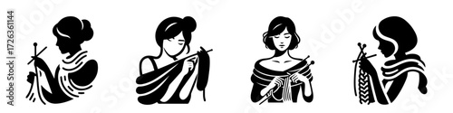Modern Minimalist Woman Knitting Icon, Flat Silhouette of a Female Figure Vector for Craft Illustration Design