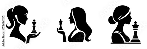Modern Minimalist Woman Playing Chess Icon, Flat Silhouette of a Female Figure Vector for Game Illustration Design
