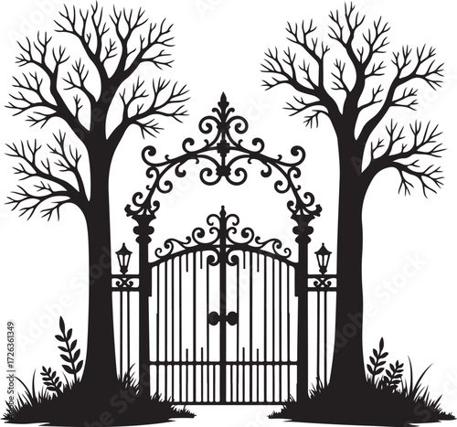 Ornate black wrought iron gate between bare trees silhouette