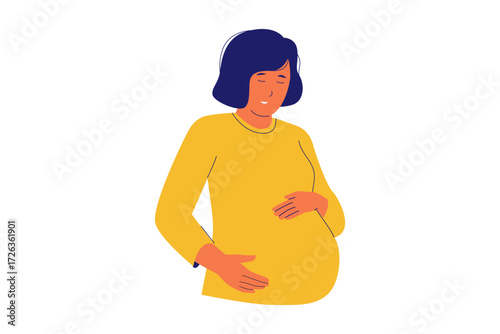 Illustration of Pregnant Woman and Motherhood. Expectant Mother Happily Holding her Baby Bump for Pregnancy and Family Care