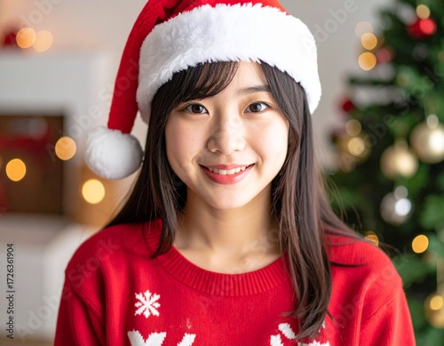 A young woman in a red Christmas sweater and Santa hat smiles warmly indoors, with a festive tree and soft holiday lights in the background.