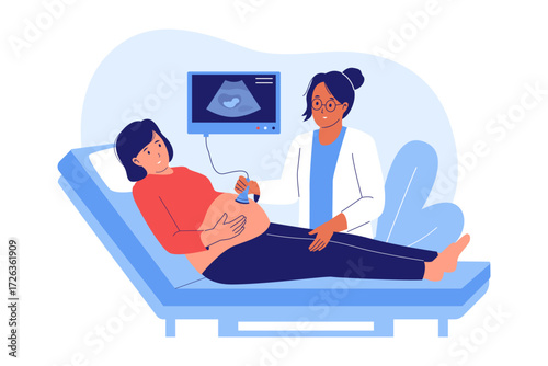 Illustration of Prenatal Ultrasound and Pregnancy Monitoring. Doctor Performing an Ultrasound Scan on an Expectant Mother