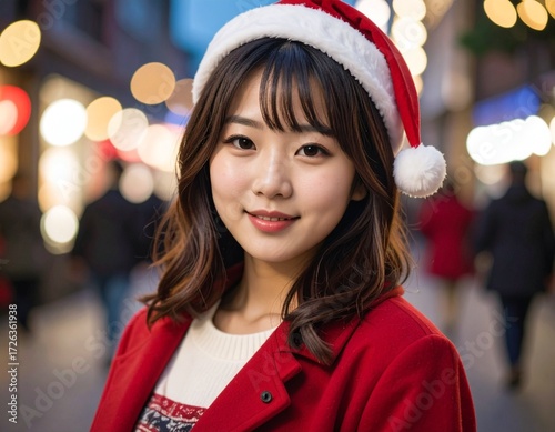 Happy smiling Santa girl poses on a city street at dusk, wearing a red coat and Santa hat, with cheerful bokeh lights and a festive atmosphere behind her