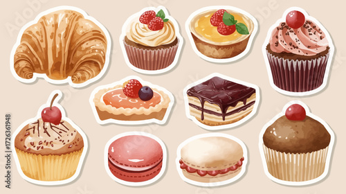 Watercolor sticker sheet of various pastries and desserts.
