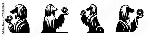 Modern Minimalist Afghan Hound Icon, Flat Silhouette of a Half Body Dog Holding Donut Vector for Pet Illustration Design