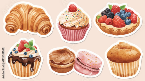 A collection of watercolor pastries including a croissant, cupcakes, a tart, and macarons.