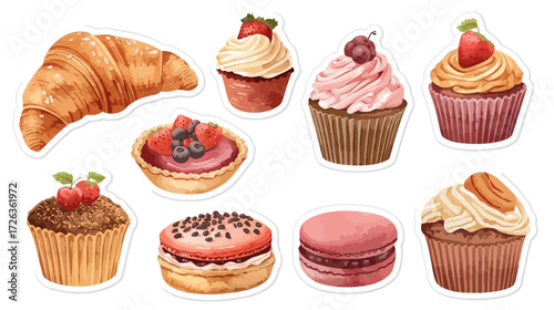 Watercolor illustration of various pastries including croissants, cupcakes, tarts, and macarons.
