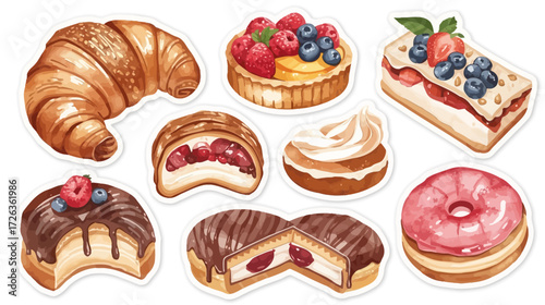 Assorted pastries and desserts, including croissant, tarts, and donuts.