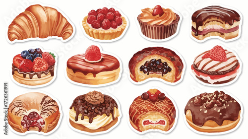 Assorted pastries and desserts, including croissants, tarts, and donuts, arranged in a grid.