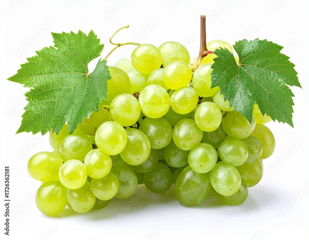 Obraz premium A fresh bunch of ripe green grapes with vibrant leaves, isolated on a clean white background.