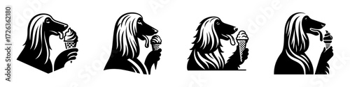 Modern Minimalist Afghan Hound Icon, Flat Silhouette of a Half Body Dog Licking Ice Cream Vector for Pet Illustration Design