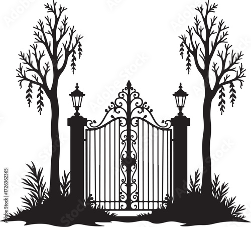 Ornate black silhouette wrought iron gate with trees and lamps