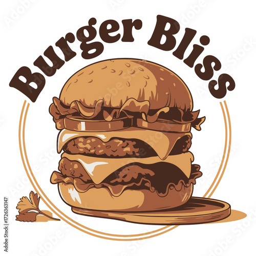 Delicious double cheeseburger with burger bliss logo