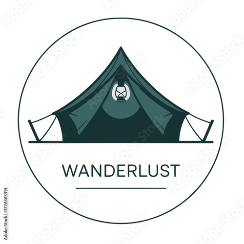 Green bell tent with wanderlust text and mountain icon
