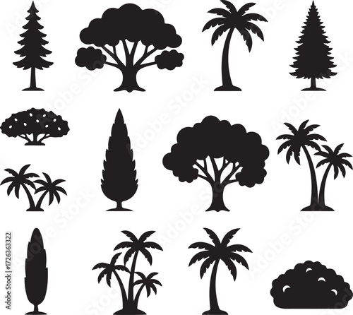 Silhouette of Varied Trees: A collection of detailed silhouettes, highlighting the distinct shapes of different trees, perfect for illustrating nature, landscape design, or environmental themes.