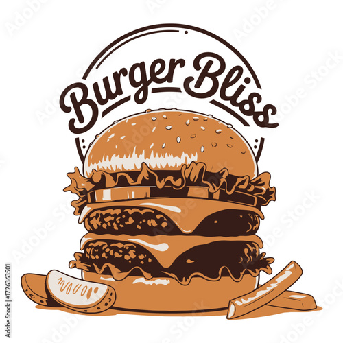 Burger bliss delicious double cheeseburger with fries and pickles