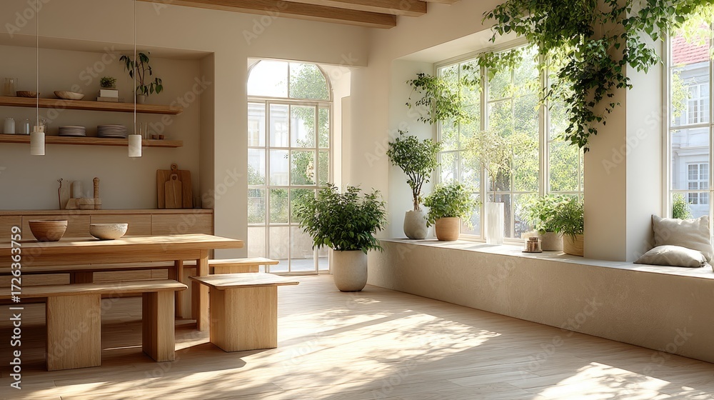 Fototapeta premium Warm Dining Room Decor with Sunlight and Greenery and Natural Wood Furniture in a Cinematic HDR Lifestyle Photo