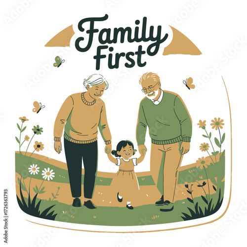 Generations together grandparents and grandchild in a sunny meadow