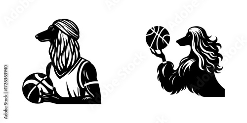 Modern Minimalist Afghan Hound Icon, Flat Silhouette of a Half Body Dog Holding Basketball Vector for Pet Illustration Design