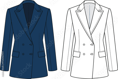 Fashionable women blazer jacket front view, double breasted suit design, vector clothing template, formal wear illustration, sewing pattern outline