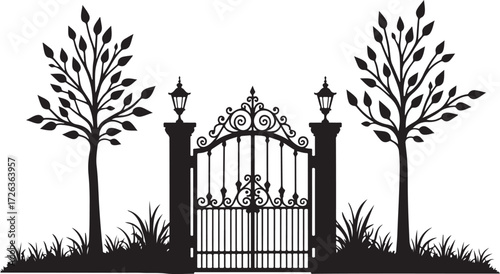 Black silhouette ornate wrought iron gate with trees and lamps