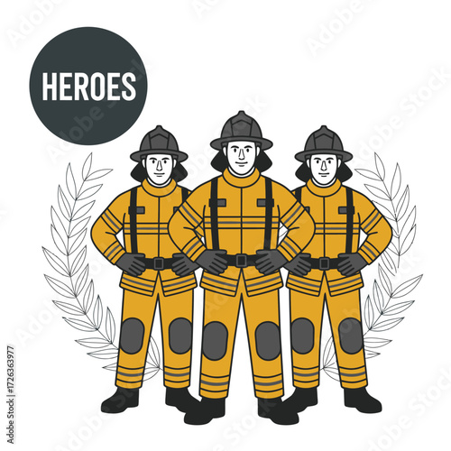 Three brave firefighters stand together as heroes