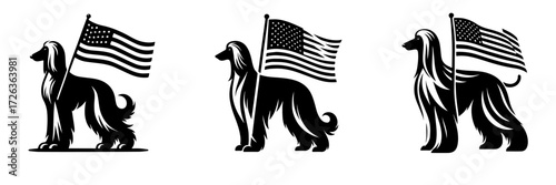 Modern Minimalist Afghan Hound Holding USA Flag Icon, Flat Silhouette of a Dog Vector for Patriotic Illustration Design