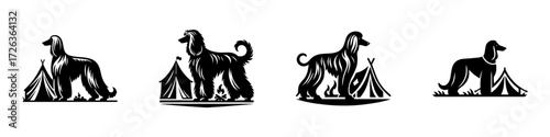 Modern Minimalist Afghan Hound Camping with Tent Icon, Flat Silhouette of a Dog Vector for Outdoor Illustration Design