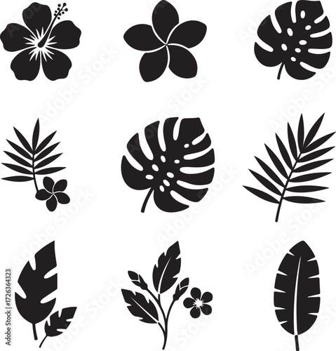 Tropical Flora Silhouettes: An artful collection of botanical silhouettes, presenting a selection of tropical flowers and leaves in stylish monochrome.