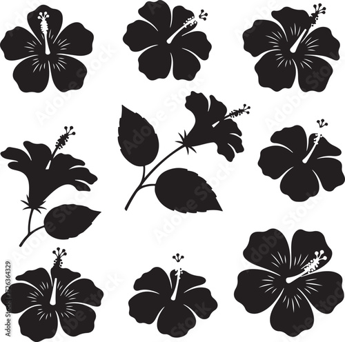 Hibiscus Silhouette Collection: A set of elegant hibiscus flower silhouettes, capturing their intricate petal patterns. Perfect for design elements, embodying grace and tropical vibes.