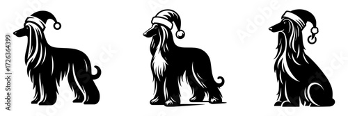 Modern Minimalist Afghan Hound Wearing Christmas Hat Icon, Flat Silhouette of a Dog Vector for Holiday Illustration Design