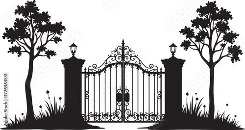 Black silhouette ornate wrought iron gate with trees and lamps