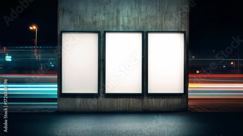 Triple Blank Billboard Mockups at Night with Long Exposure Traffic Lights | Urban Advertising Space