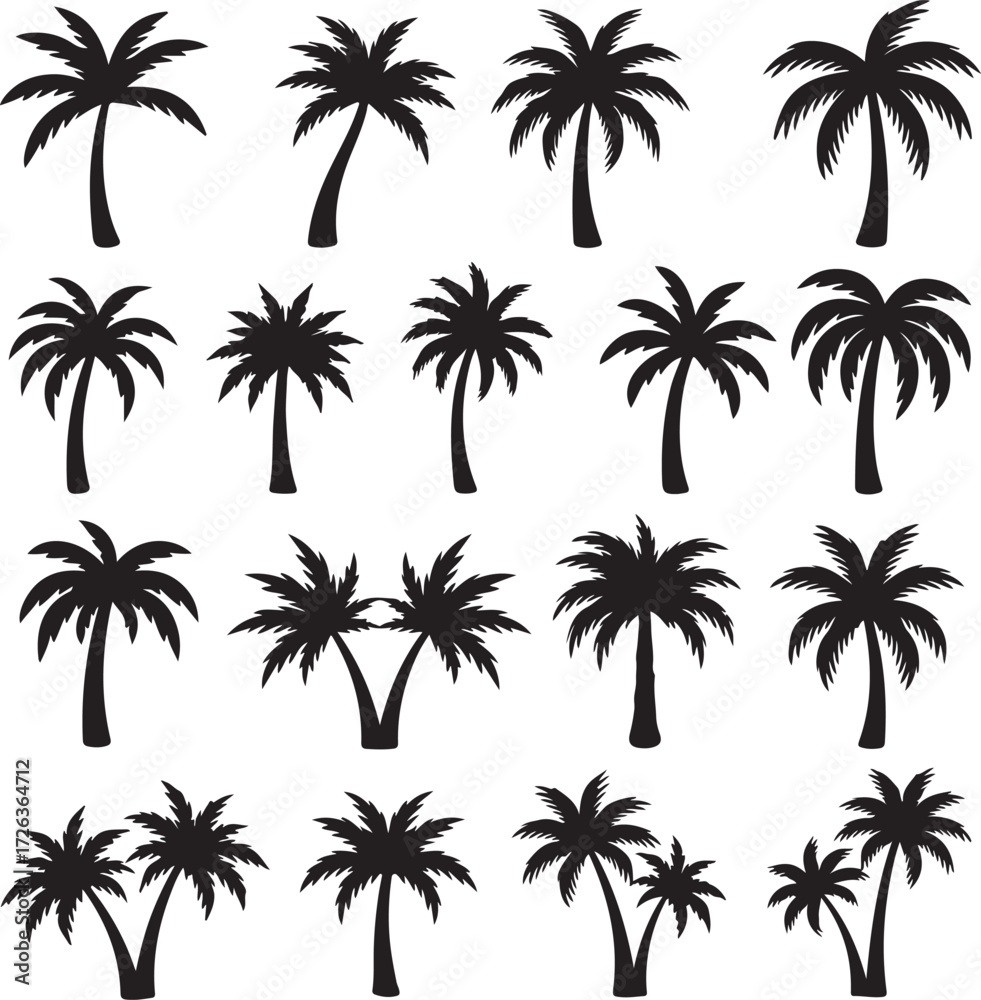 Obraz premium Palm Trees Silhouette: A collection of elegant black palm tree silhouettes against a clean backdrop, perfect for tropical and nature-themed designs. 