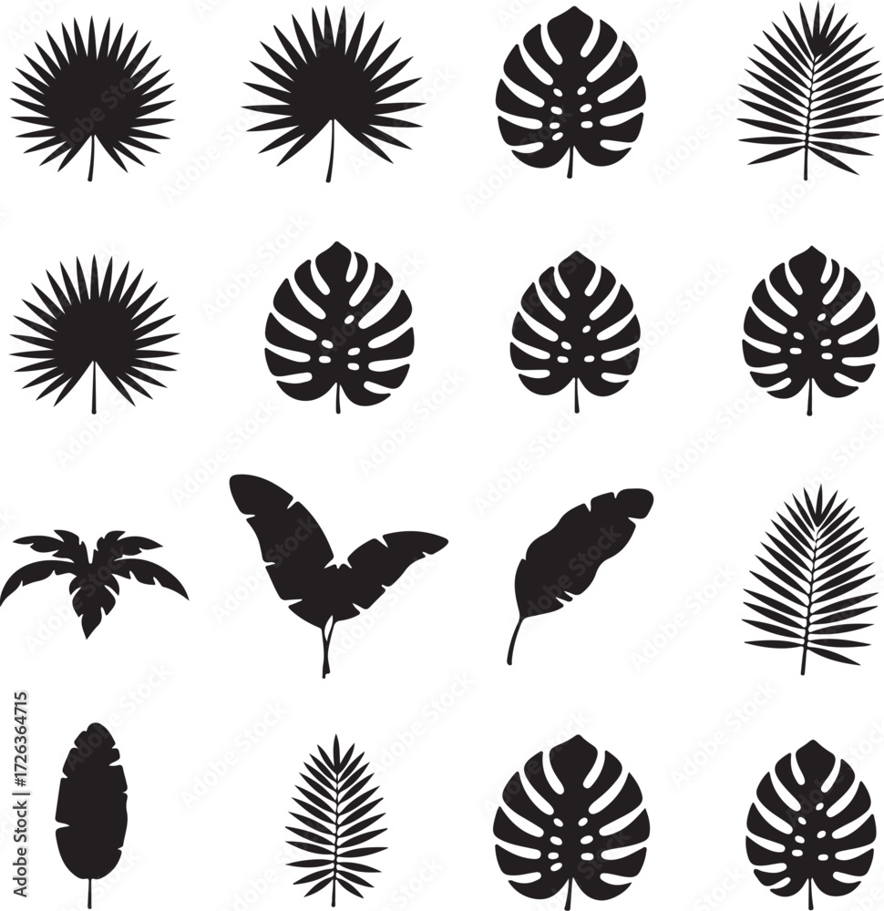 Obraz premium Tropical leaf silhouettes collection: This image presents a collection of various leaf silhouettes, perfect for graphic design and adding a touch of nature to any project.