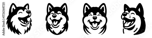 Modern Minimalist Alaskan Malamute Dog Head Portrait Smiling Icon, Flat Silhouette of a Dog Vector for Pet Illustration Design
