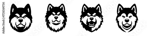 Modern Minimalist Alaskan Malamute Dog Head Portrait Angry Icon, Flat Silhouette of a Dog Vector for Pet Illustration Design