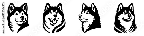 Modern Minimalist Alaskan Malamute Dog Head Portrait Confused Icon, Flat Silhouette of a Dog Vector for Pet Illustration Design