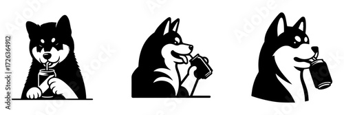 Modern Minimalist Alaskan Malamute Drinking Soda Icon, Flat Silhouette of a Dog Vector for Beverage Illustration Design