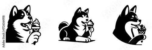 Modern Minimalist Alaskan Malamute Licking Ice Cream Icon, Flat Silhouette of a Dog Vector for Dessert Illustration Design