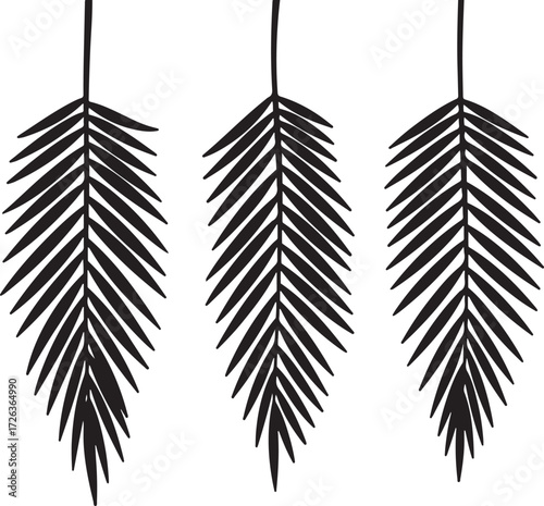 Monochrome Palm Fronds: A minimalist illustration showcases three elegant palm fronds, each delicately suspended. The black and white palette highlights their intricate detail and graceful forms.