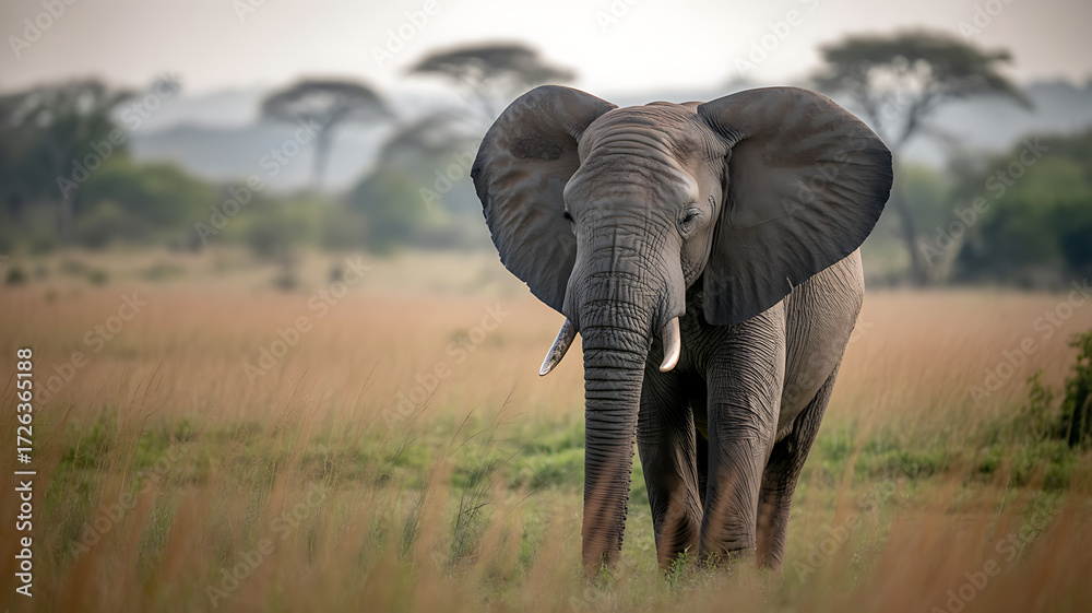 Fototapeta premium African elephant walking through a savanna landscape with acacia trees in the background