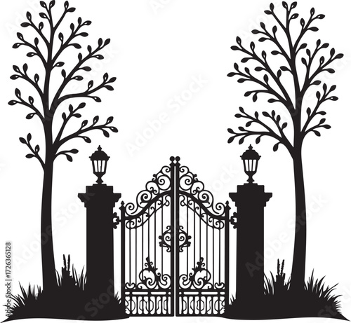 Black silhouette ornate wrought iron gate with trees and lamps 8