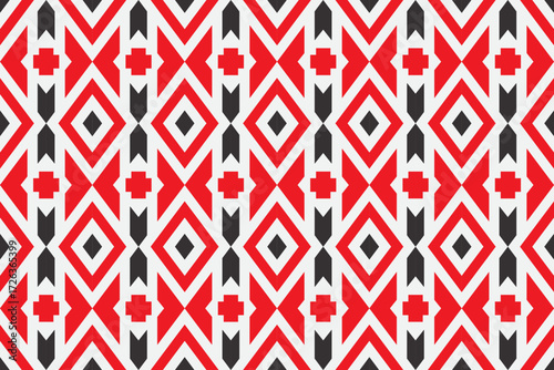 combination of red cross, up and down arrow, x shape, and diagonal bold diagonal square shapes for seamless pattern template design on horizontal layout. color illustration consist of red, black, grey