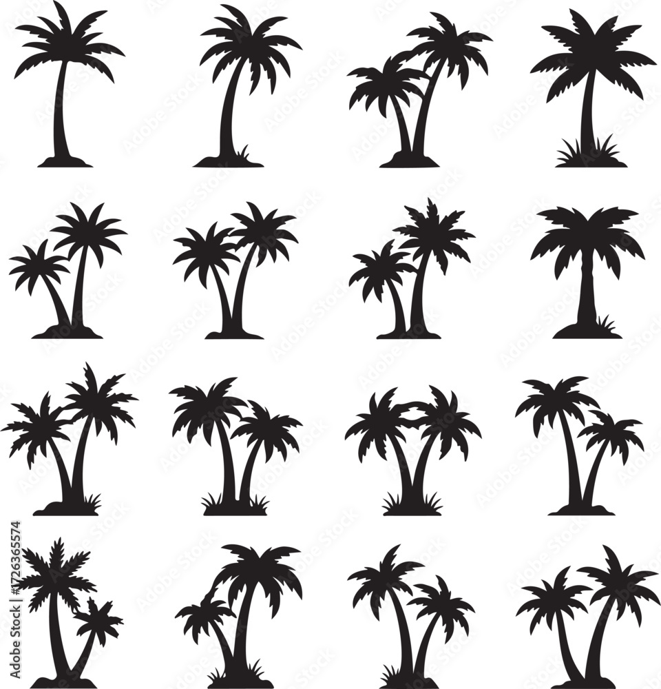 Obraz premium Tropical Tree Silhouette: A collection of varied black tropical tree silhouettes, showcasing diverse shapes and styles, each hinting at the essence of a warm, sunny paradise