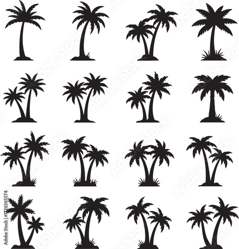 Tropical Tree Silhouette: A collection of varied black tropical tree silhouettes, showcasing diverse shapes and styles, each hinting at the essence of a warm, sunny paradise