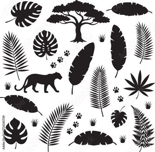 Monochrome Jungle Paradise: An enchanting silhouette collection of tropical flora and fauna, rendered in stark monochrome, transports viewers to an exotic world where leaves, a tree.
